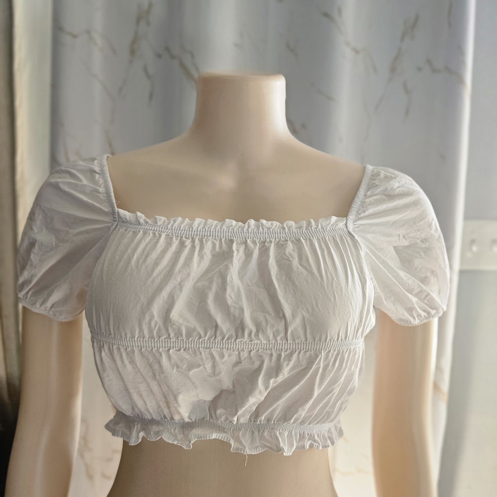 Zara White Square-Neck Puff Sleeve Crop Top